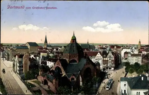 Judaika Ak Dortmund im Ruhrgebiet, Blick auf die Stadt vom Grafenhof, Synagoge