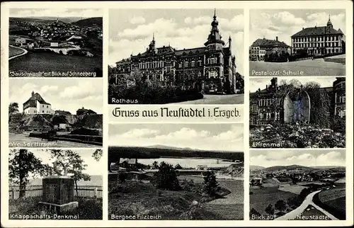 Ak Neustädtel Schneeberg im Erzgebirge, Weißer Hirsch, Rathaus, Pestalozzi Schule, Ehrenmal
