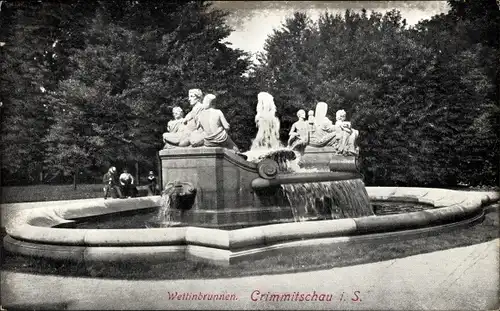 Ak Crimmitschau in Sachsen, Ansicht vom Wettinbrunnen