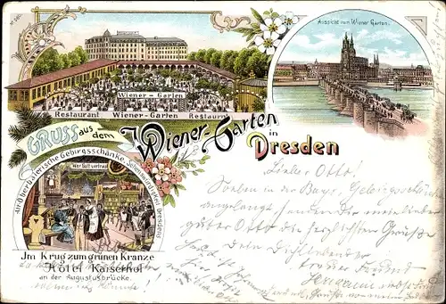 Litho Dresden, Gruß aus dem Wiener Garten, Im Krug zum grünen Kranze, Hotel Kaiserhof