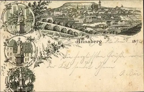 Vorläufer Litho Annaberg Buchholz Erzgebirge, Totalansicht, Luther Denkmal, Uttmann Denkmal