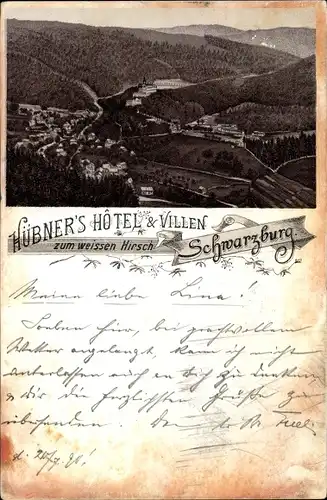 Vorläufer Litho Schwarzburg im Schwarzatal Thüringen, Hübners Hotel und Villen zum weißen Hirsch