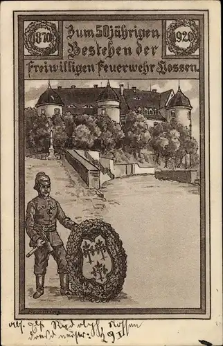 Künstler Ak Nossen Landkreis Meißen, 50jh Bestehen der Freiwilligen Feuerwehr 1920