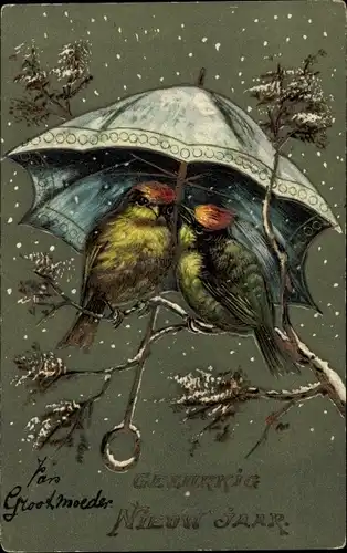 Präge Litho Glückwunsch Neujahr, Zwei Vögel unter einem Regenschirm im Schneefall