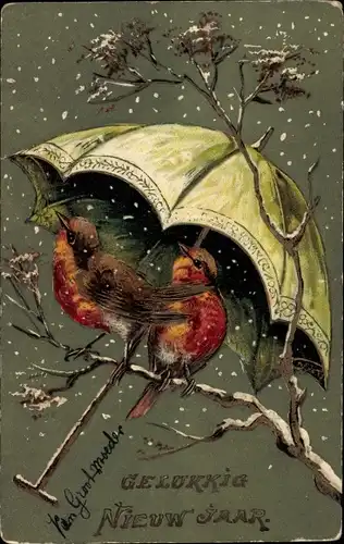 Präge Litho Glückwunsch Neujahr, Zwei Vögel unter einem Regenschirm im Schneefall