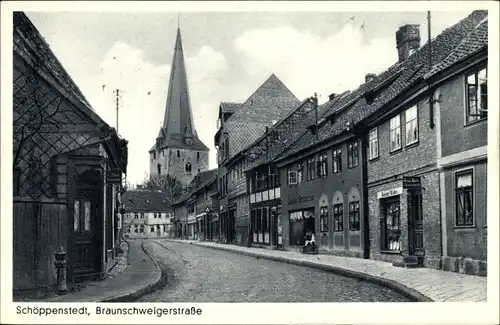 Ak Schöppenstedt in Niedersachsen, Braunschweiger Straße, Kirchturm
