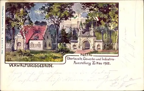 Künstler Ak Zittau in der Oberlausitz, Oberlausitzer Gewerbe- und Industrieausstellung 1902, Portal