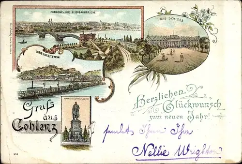 Vorläufer Litho Koblenz in Rheinland Pfalz, Eisenbahnbrücke, Ehrenbreitstein, Schloss, Neujahr