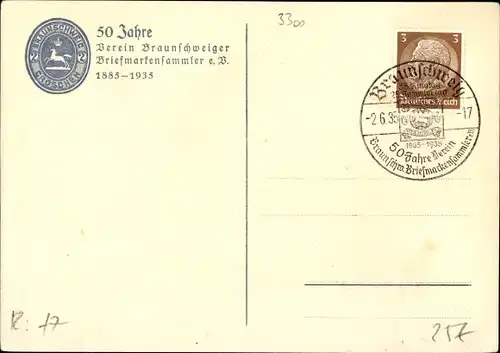 Ak Braunschweig in Niedersachsen, 50 Jahre Verein Braunschweiger Briefmarkensammler eV 1935