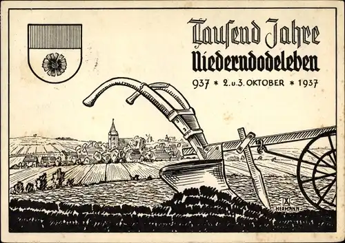 Künstler Ak Niederndodeleben Börde in Sachsen Anhalt, 1000jh Stadtfest 1937, Ackerpflug