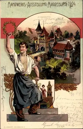 Litho Magdeburg in Sachsen Anhalt, Handwerksausstellung 1904, Wappen