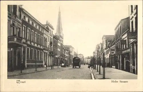 Ak Wesel am Niederrhein, Hohe Straße, Kirchturm, Geschäfte, Fuhrwerk