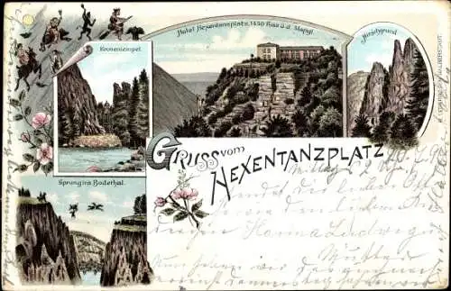 Litho Thale im Harz, Hotel Hexentanzplatz, Kronentempel, Sprung ins Bodetal, Hirschgrund