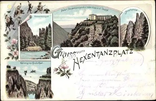 Litho Thale im Harz, Hotel Hexentanzplatz, Kronentempel, Sprung ins Bodetal, Hirschgrund