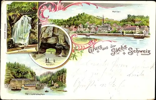 Litho Wehlen an der Elbe Sachsen, Amselfall, Kuhstall, Herrnskretschen