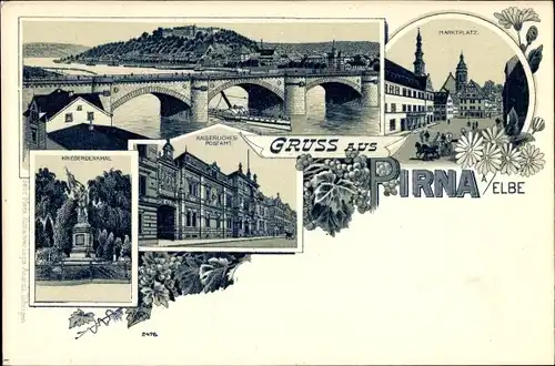 Litho Pirna in Sachsen, Brücke, Postamt, Kriegerdenkmal, Marktplatz