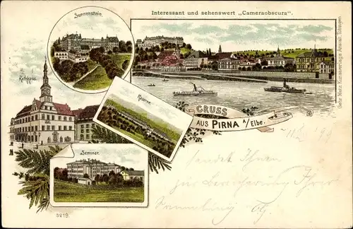 Litho Pirna in Sachsen, Sonnenstein, Seminar, Kaserne, Rathaus, Kamera Obscura