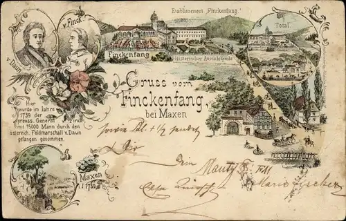 Litho Maxen Müglitztal in Sachsen, Etablissement Finckenfang, v. Daun, v. Finck