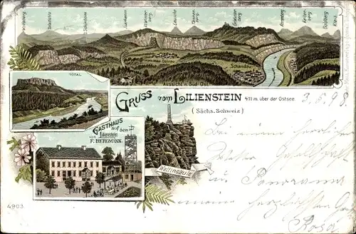 Litho Bad Schandau an der Elbe, Panorama, Gasthaus auf dem Lilienstein, Bes. F. Bergmann