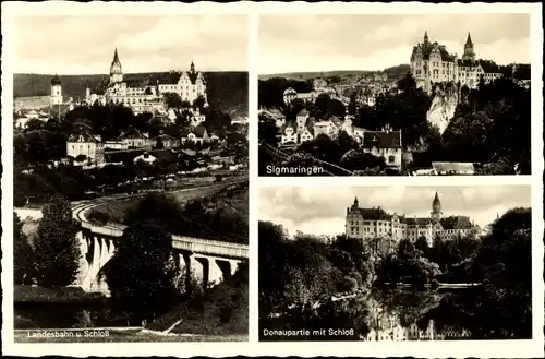 Ak Sigmaringen an der Donau Baden Württemberg, Landesbahn und Schloss, Teilansicht, Donaupartie