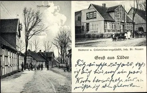 Ak Lüder Lüneburger Heide, Dorfstraße, Bäckerei und Kolonialwaren, Inh. Fr. Kauert, Hundekarren