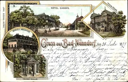 Litho Bad Nenndorf, Hotel Kassel v. Georg Rühe, Villa Rühe, Königl. Arkaden, Trinkhalle