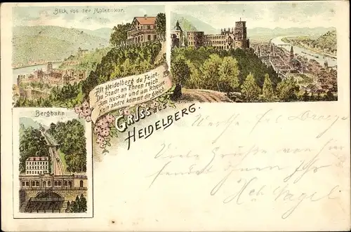 Litho Heidelberg am Neckar, Blick von der Molkenkur, Schloss, Bergbahn