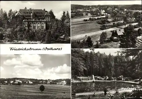 Ak Friedrichsbrunn Thale im Harz, Sanatorium Ernst Thälmann, Felder, Waldfreibad, Blick auf den Ort