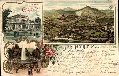 Litho Bad Nauheim im Wetteraukreis Hessen, Kurhaus, Panorama, Fontäne