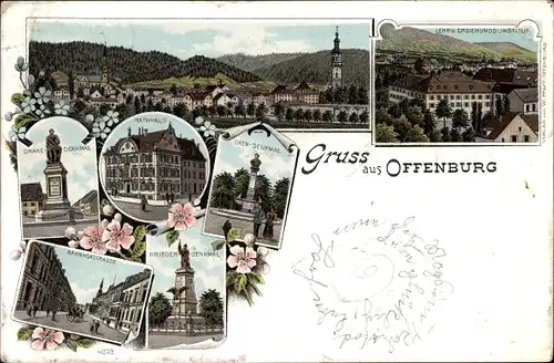 Litho Offenburg im Schwarzwald Ortenaukreis, Oken Denkmal, Drake Denkmal, Rathaus, Bahnhofstraße