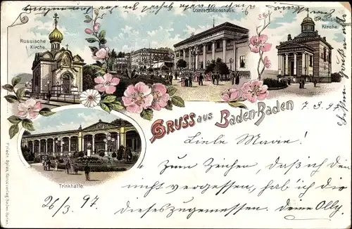 Litho Baden Baden im Stadtkreis Baden Württemberg, Russische Kirche, Trinkhalle, Griechische Kirche