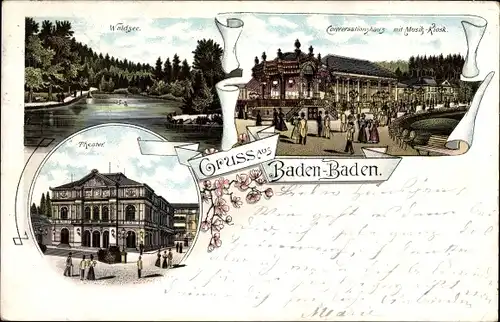 Litho Baden Baden im Stadtkreis Baden Württemberg, Theater, Konversationshaus, Musikkiosk, Waldsee