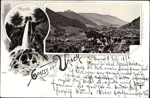 Litho Bad Urach in der Schwäbischen Alb, Totalansicht vom Ort, Wasserfall