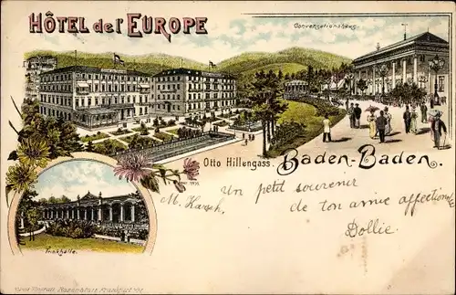 Litho Baden Baden im Stadtkreis Baden Württemberg, Hotel de l'Europe, Konversationshaus, Trinkhalle