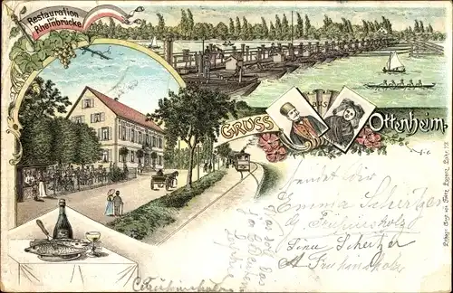 Litho Ottenheim Schwanau im Ortenaukreis, Ortschaft, Restauration zur Rheinbrücke, Trachtenpaar