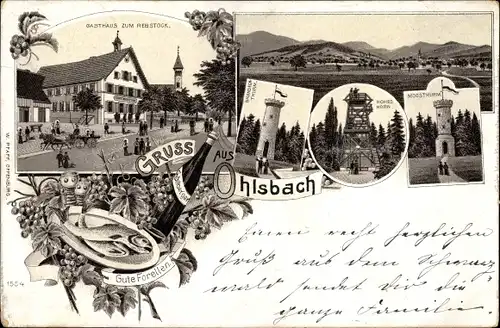 Litho Ohlsbach BW, Gasthaus zum Rebstock, Moosturm, Hohes Horn