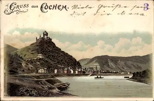 Litho Cochem im Landkreis Cochem Zell Rheinland Pfalz, Moselpartie