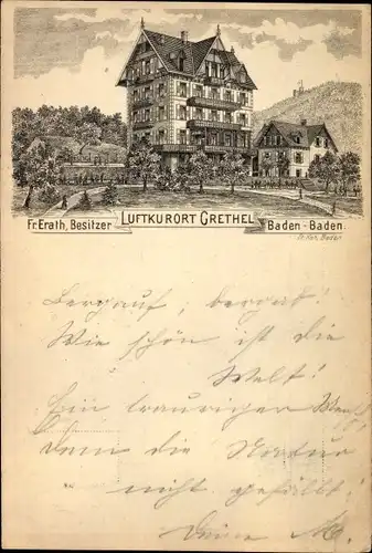 Litho Baden Baden im Stadtkreis Baden Württemberg, Luftkurort Grethel, Bes. Fr. Erath