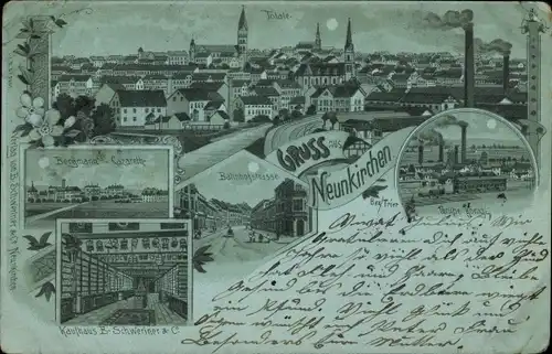 Mondschein Litho Neunkirchen Saarland, Bergmanns Lazarett, Kaufhaus B. Schweriner u. Co.,Grube König