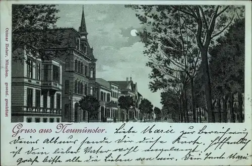 Mondschein Litho Neumünster in Schleswig Holstein, Straßenpartie in der Stadt