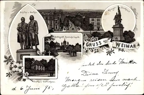 Vorläufer Litho Weimar, Goethe und Schiller Denkmal, Kriegerdenkmal, Gartenhaus, Russische Kapelle