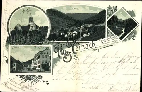 Litho Bad Teinach Zavelstein im Nordschwarzwald, Burg, Ort, Badhotel, Hotel Hirsch