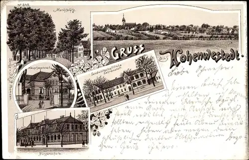 Litho Hohenwestedt in Schleswig Holstein, Marktplatz, Hauptpastorat, Landwirtsch. Lehranstalt