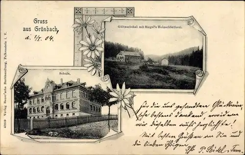 Ak Grünbach im Vogtland Sachsen, Göltzschtal, Siegel's Holzschleiferei, Schule
