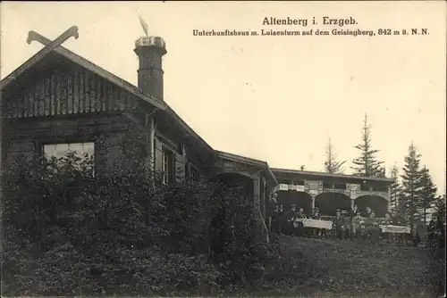 Ak Altenberg im Osterzgebirge, Blick auf das Unterkunftshaus mit Luisenturm auf dem Geisingberg