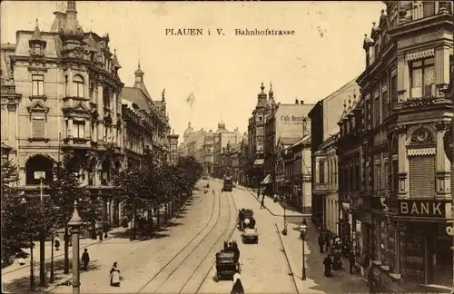 Ak Plauen im Vogtland, Bahnhofstraße, Straßenpartie, Bank