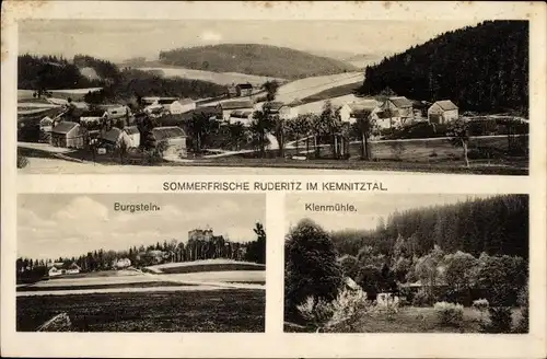 Ak Ruderitz Weischlitz im Vogtland, Totalansicht, Burgstein, Klenmühle