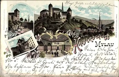 Litho Mylau Reichenbach im Vogtland, Gruß vom Kaiserschloss, Zwinger, Schlosshof