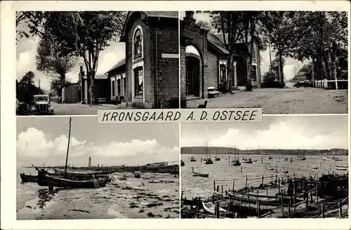 Ak Kronsgaard in Schleswig Holstein, Albrecht's Gasthof, Strandpartie, Blick auf den Hafen