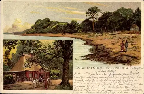 Litho Altenhof in Schleswig Holstein, Partie am Strand, Gaststätte